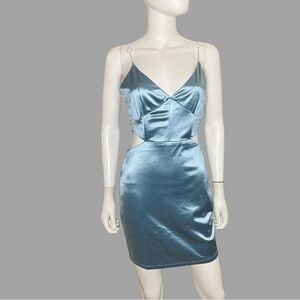 Light Blue Satin‎ Cutout Mini Dress With Heart Chain Strap Detail
